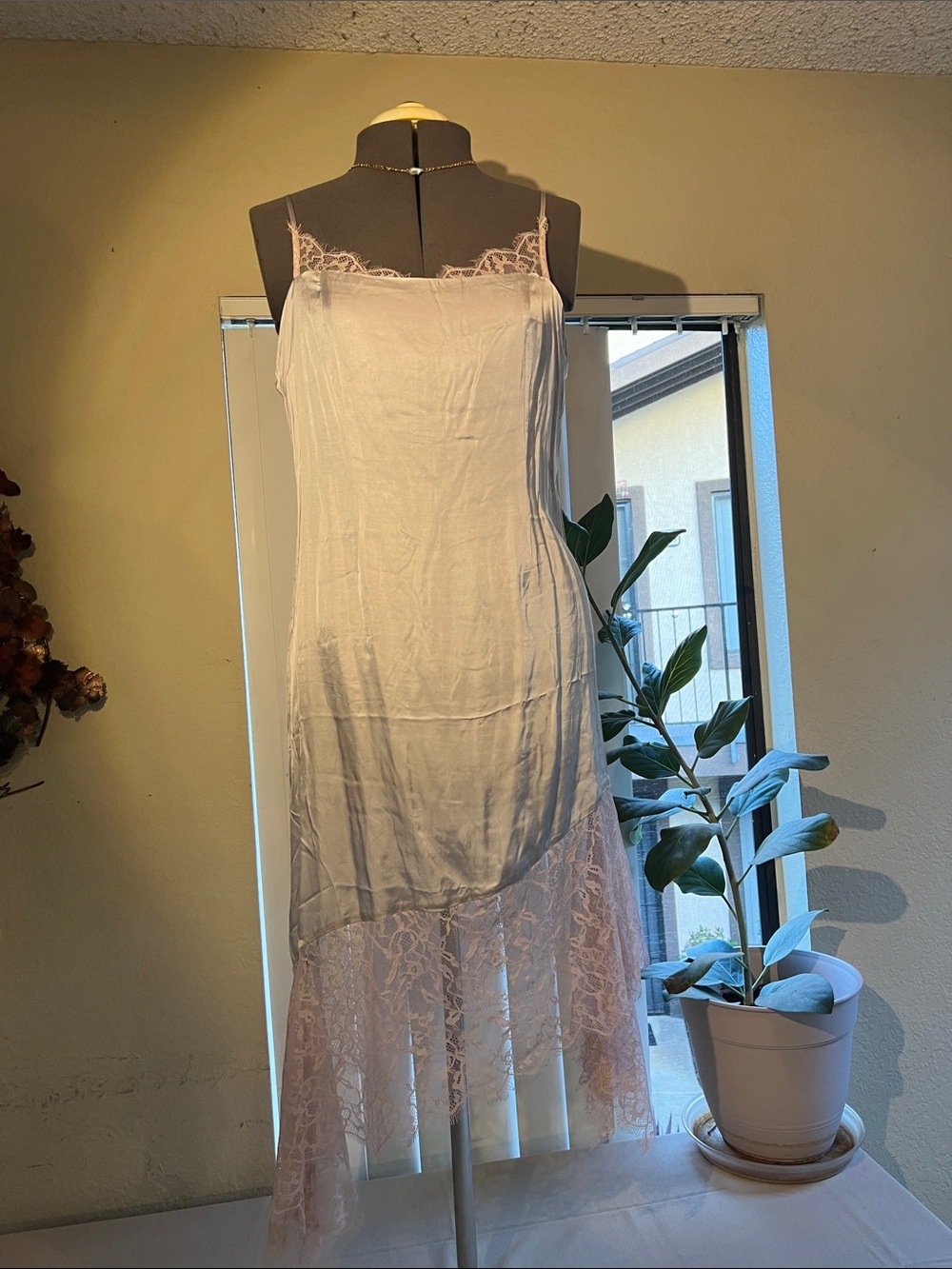Delicate Pink Lace-Trim Slip Dress in Silver